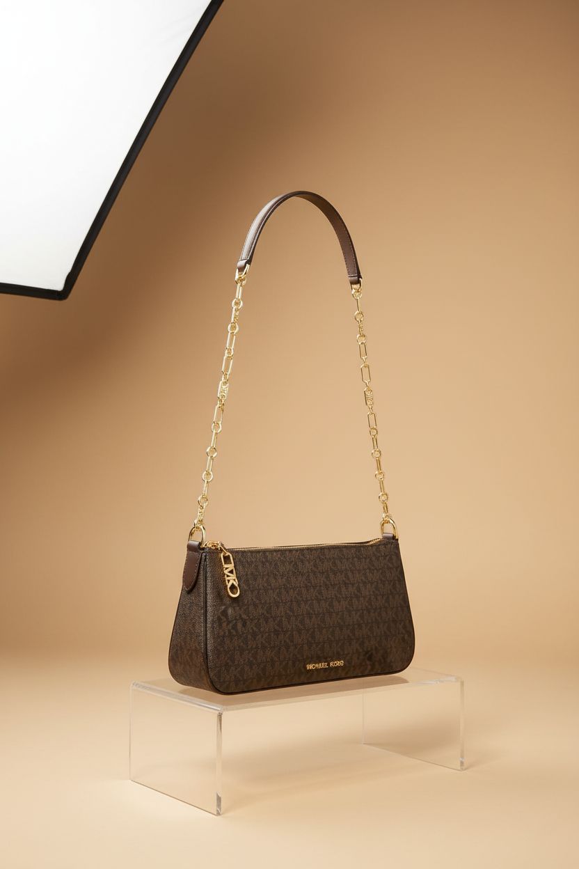 Michael Kors small designer bag centered on a clean studio set, emphasizing its luxurious details.