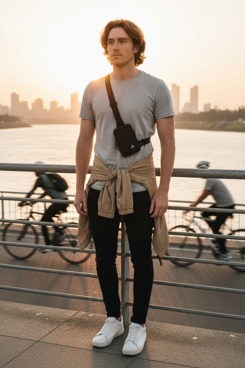 Peicees mini sling bag in black worn crossbody during golden hour by a riverside, perfect for commuters