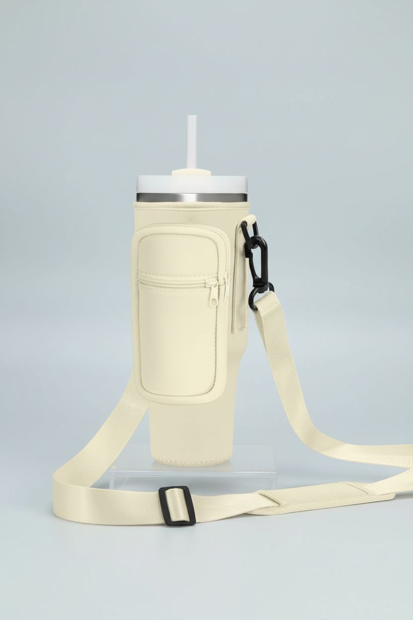 Momocici cream neoprene carrier bag featuring zipper and strap on light gray background.