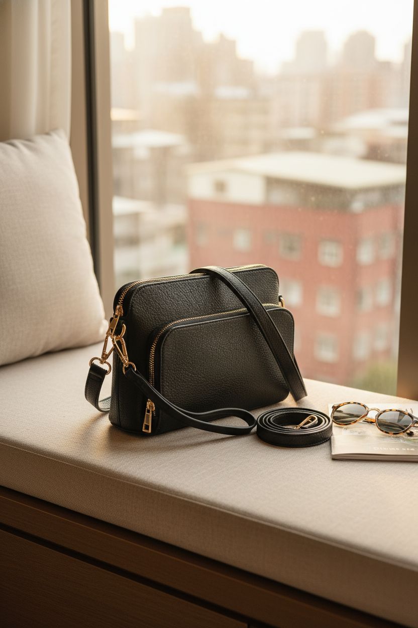 Marvolia black crossbody bag showcased in a boutique hotel, perfect for day-to-night travel.