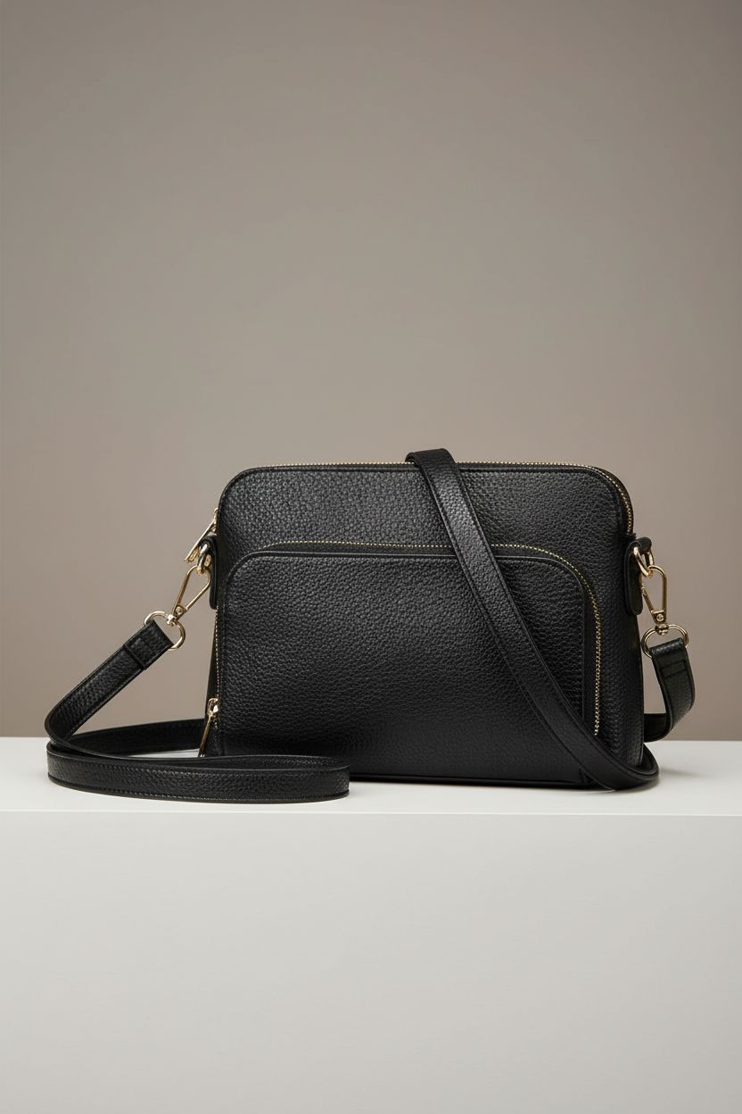 Marvolia black PU leather crossbody bag displayed on studio set, highlighting its premium quality.