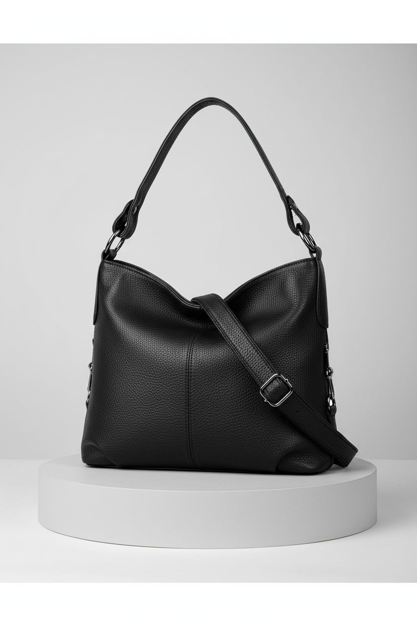 YALUXE black hobo handbag in a studio setting, showcasing its pebbled leather design