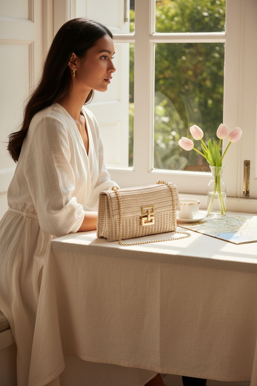 Gets straw bag showcased in a sunlit café setting, highlighting its woven design and gold chain.