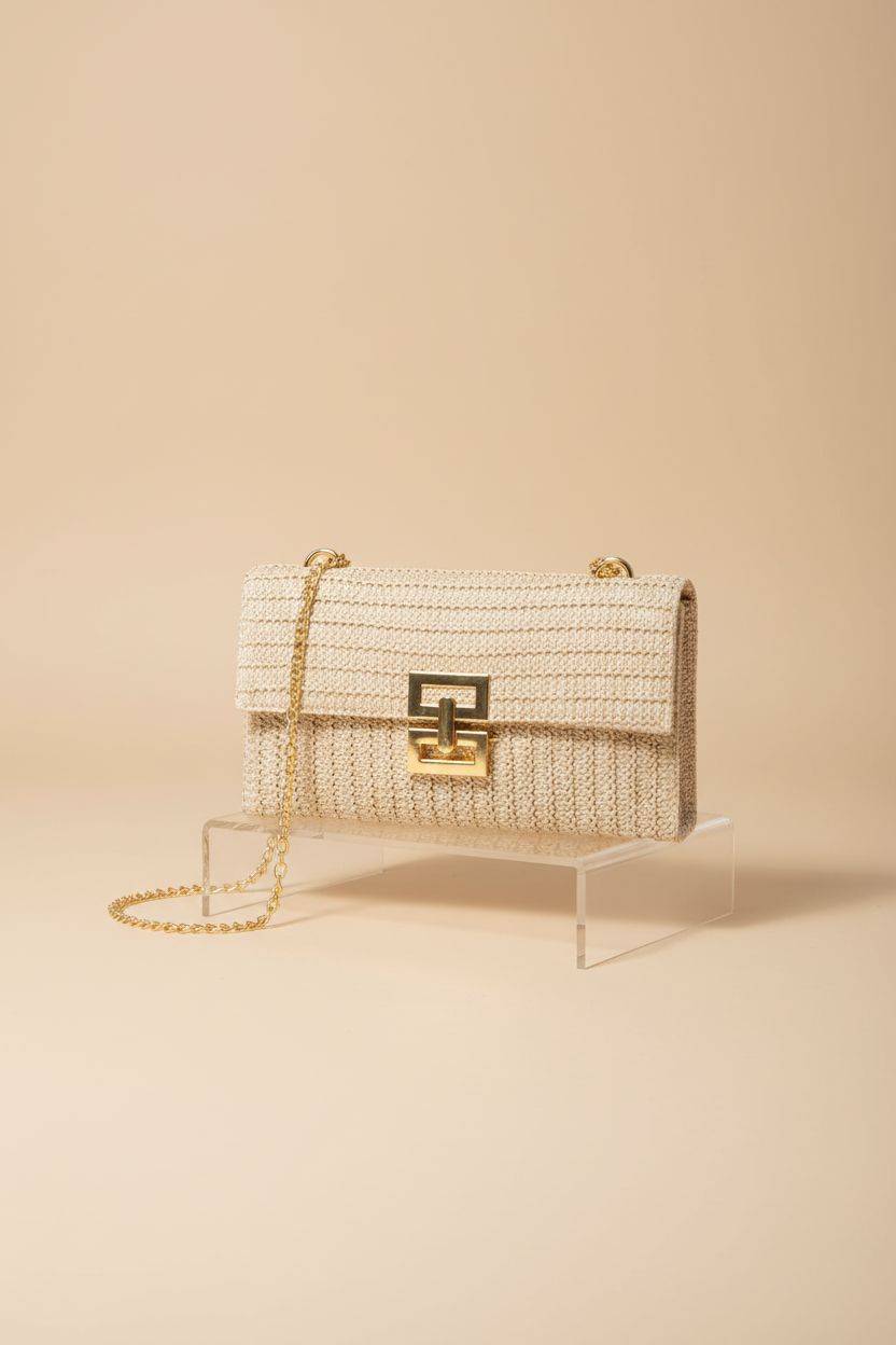 Product shot of Gets straw handbag, emphasizing its sleek silhouette and intricate woven texture.