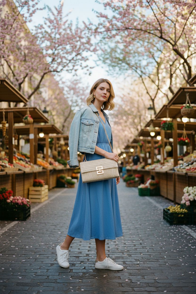 Spring-inspired straw crossbody bag by Gets, styled with a cornflower-blue dress and denim jacket.
