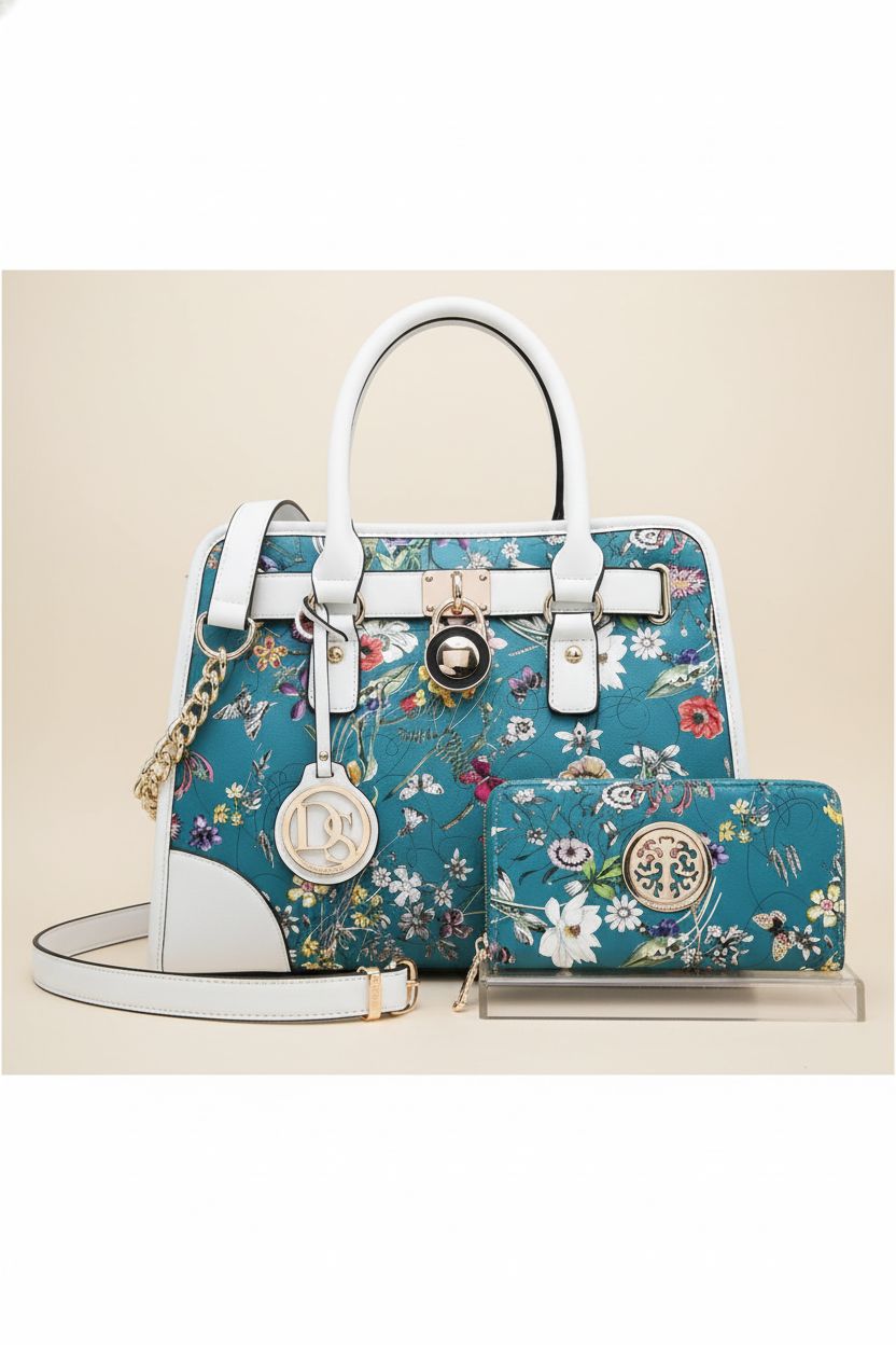 Dasein designer handbag centered on ivory backdrop, highlighting its elegant design and wallet.