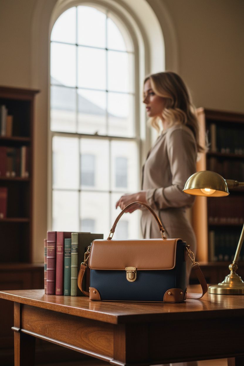 Milan Chiva square purse resting on a polished walnut table in a cozy library, emphasizing its classy design and vintage appeal.