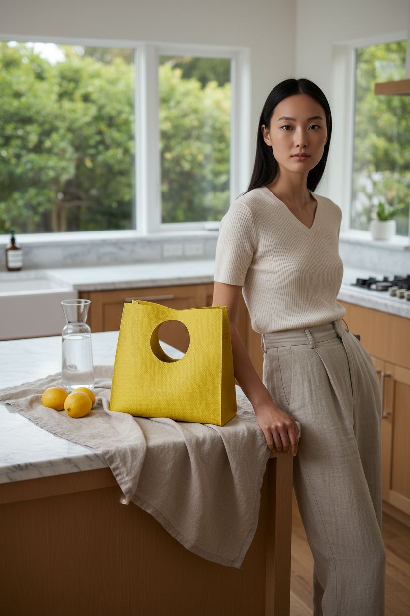 HOXIS Vintage Minimalist Yellow Bag resting in a bright kitchen nook, exuding freshness and elegance.