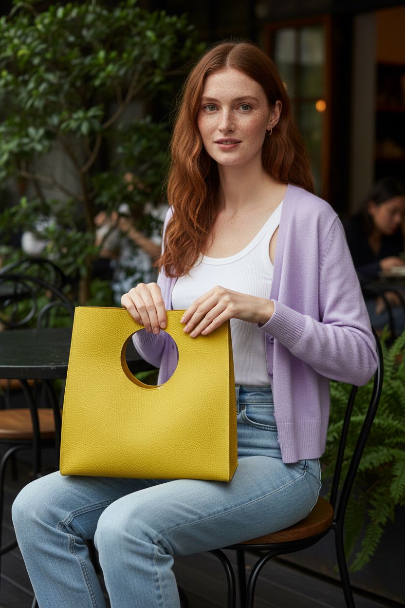 HOXIS Vintage Minimalist Yellow Handbag showcased on a cozy café terrace, highlighting its chic design.