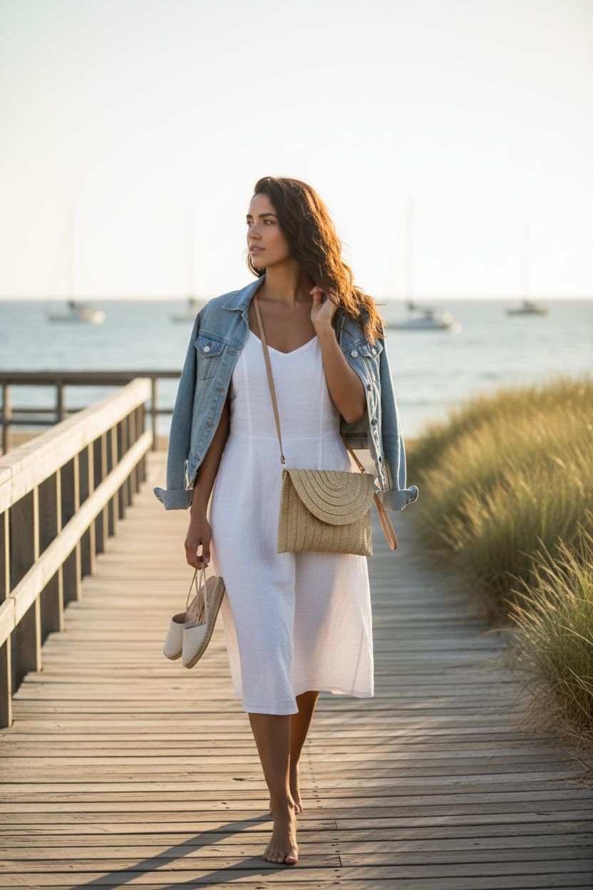Light brown COOKOOKY straw clutch worn crossbody on a coastal boardwalk.