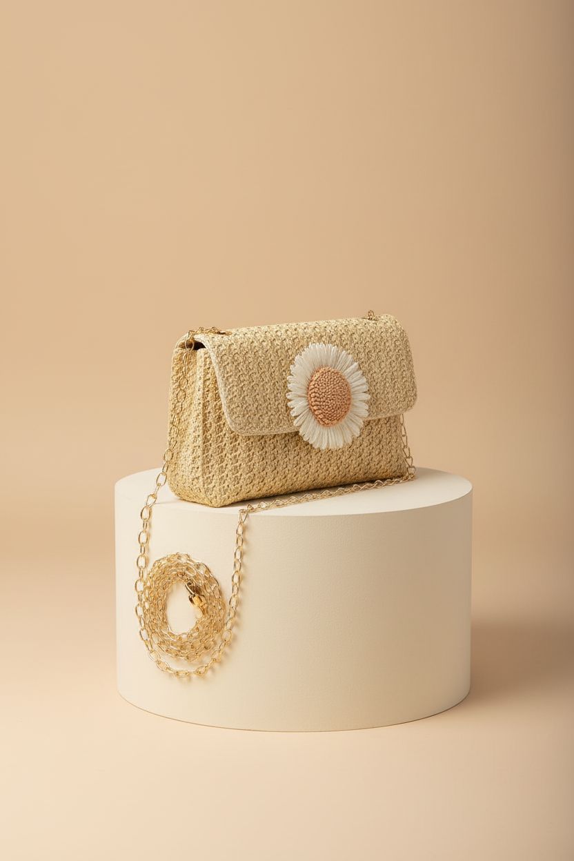 Classicseali straw purse with removable chain, showcasing its elegant design and texture.