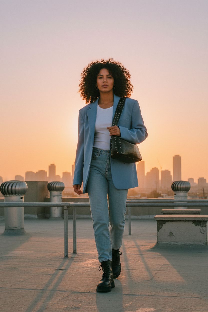 Kamsyluci studded shoulder bag in black crackle leather on a rooftop at golden hour