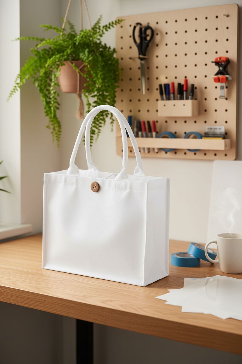 Cozy workspace featuring Aliceset white sublimation tote beside craft supplies and a steaming mug of tea.