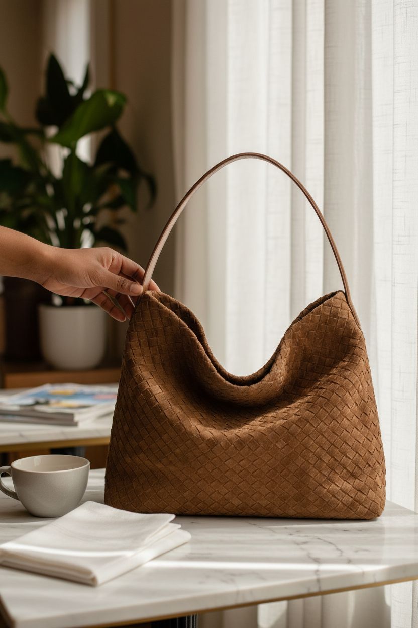 Woven suede hobo bag by Molodo on a café table, ideal for morning planning sessions.