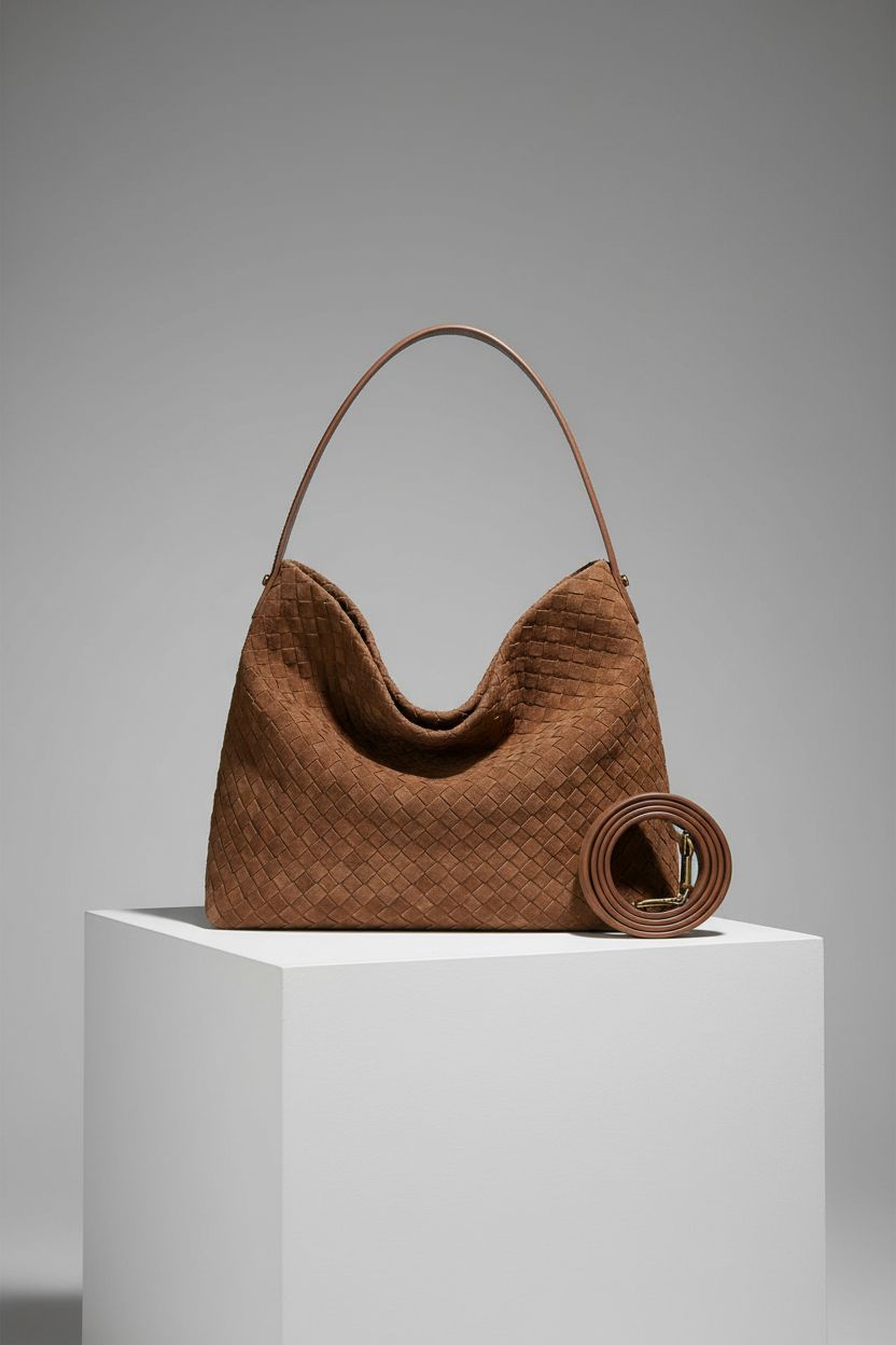 Product showcase of Molodo's woven suede hobo bag with detachable strap on a grey background.