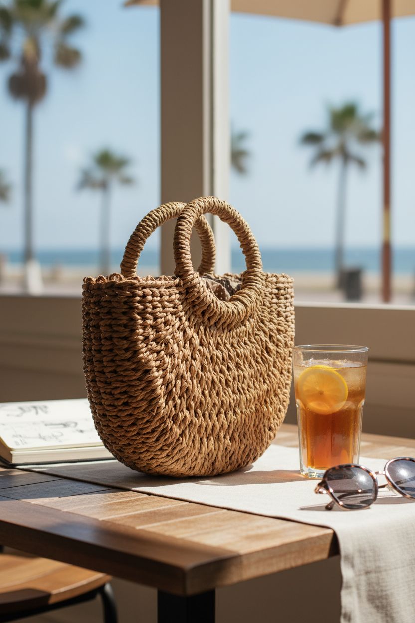 FENBEN straw bag resting on a café table with iced tea and sunglasses, evoking summer vibes.