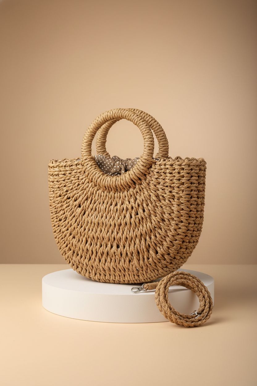 FENBEN brown straw crossbody bag showcased on a pedestal, highlighting its stylish design and details.