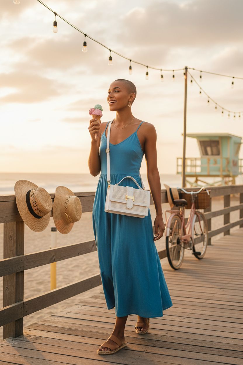 KKXIU Top Handle Straw Purse on beach boardwalk during golden hour, perfect for summer vibes