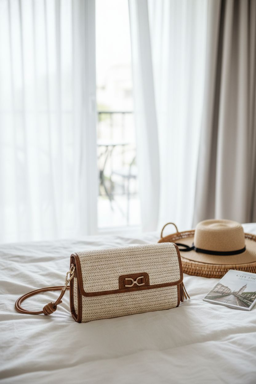 Missnine straw purse resting on linen duvet with travel essentials, perfect for vacations