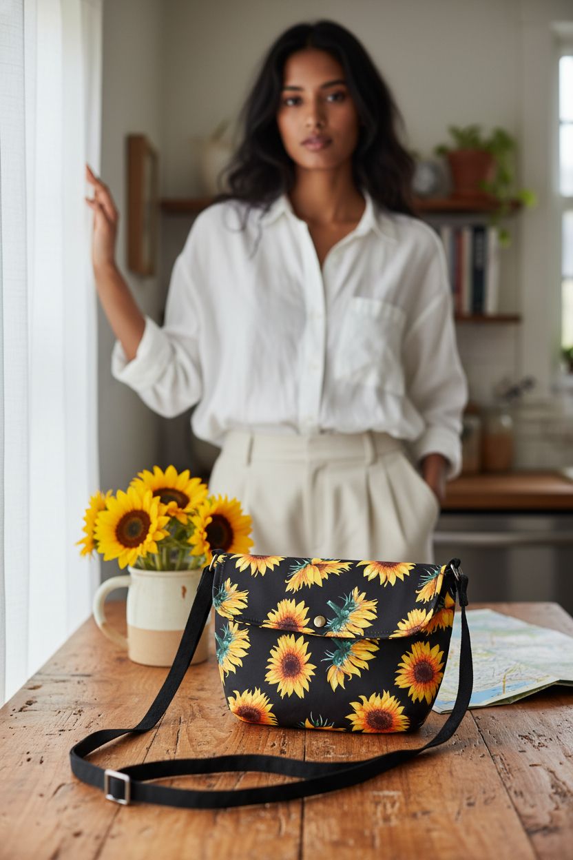 BBORGDC purse on a wooden table, suggesting a relaxed morning vibe with essentials nearby.