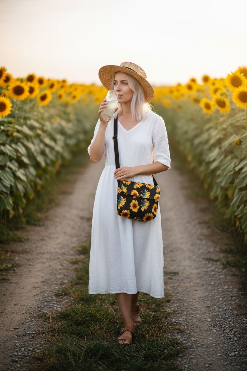 BBORGDC mini crossbody purse among sunflowers, perfect for stylish summer outings.