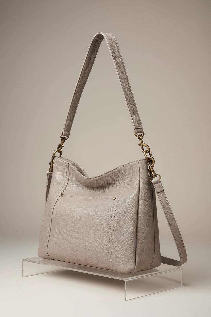 Befen taupe handbag displayed with a focus on its pebbled leather and bronze details under studio lighting.