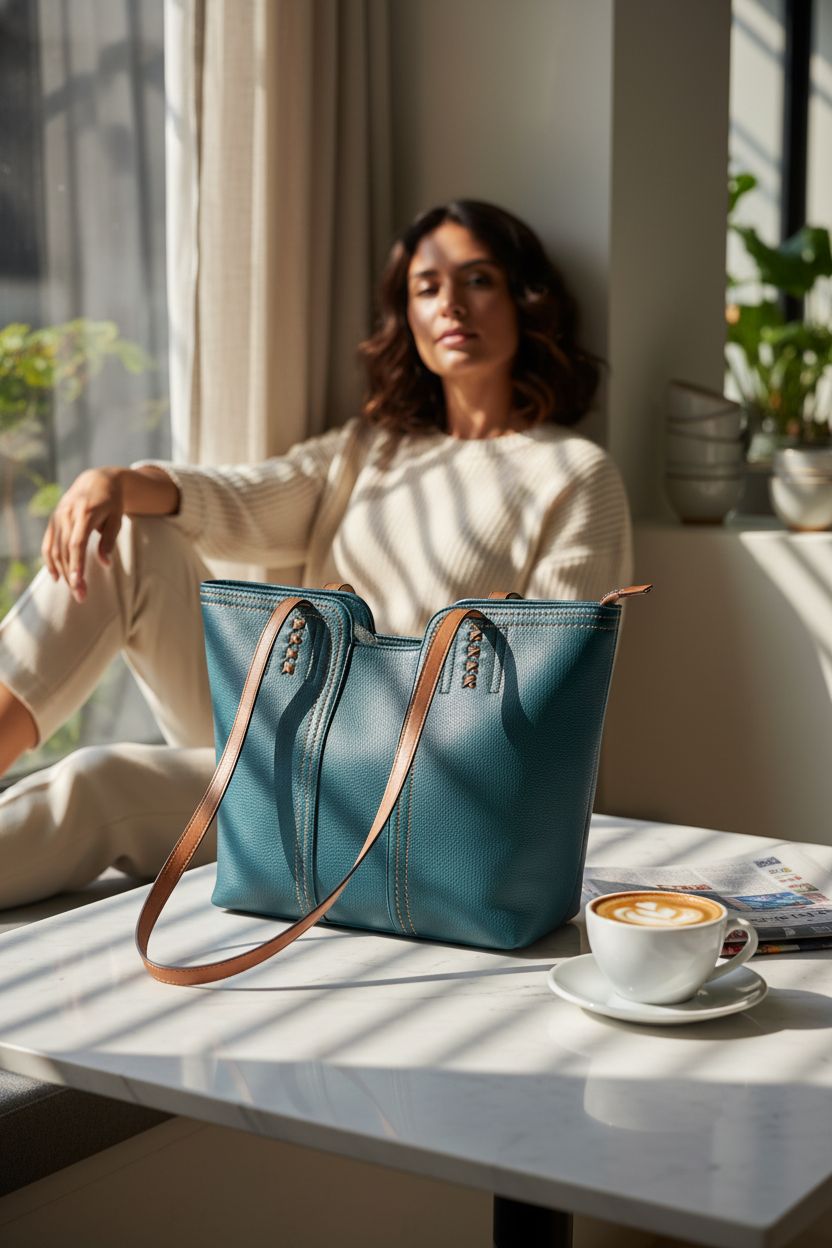 Teal Montana West tote bag resting on a marble table beside coffee and newspaper in café.