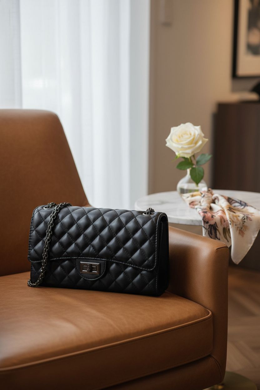 Gladdon designer bag on leather chair next to marble table, creating a sophisticated mood