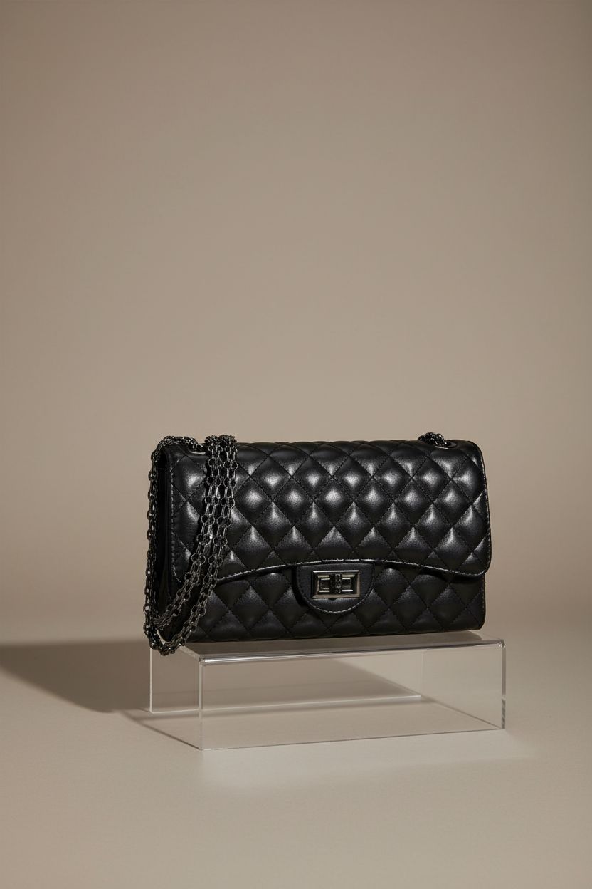 Gladdon black quilted purse centered on studio backdrop, highlighting its luxurious design