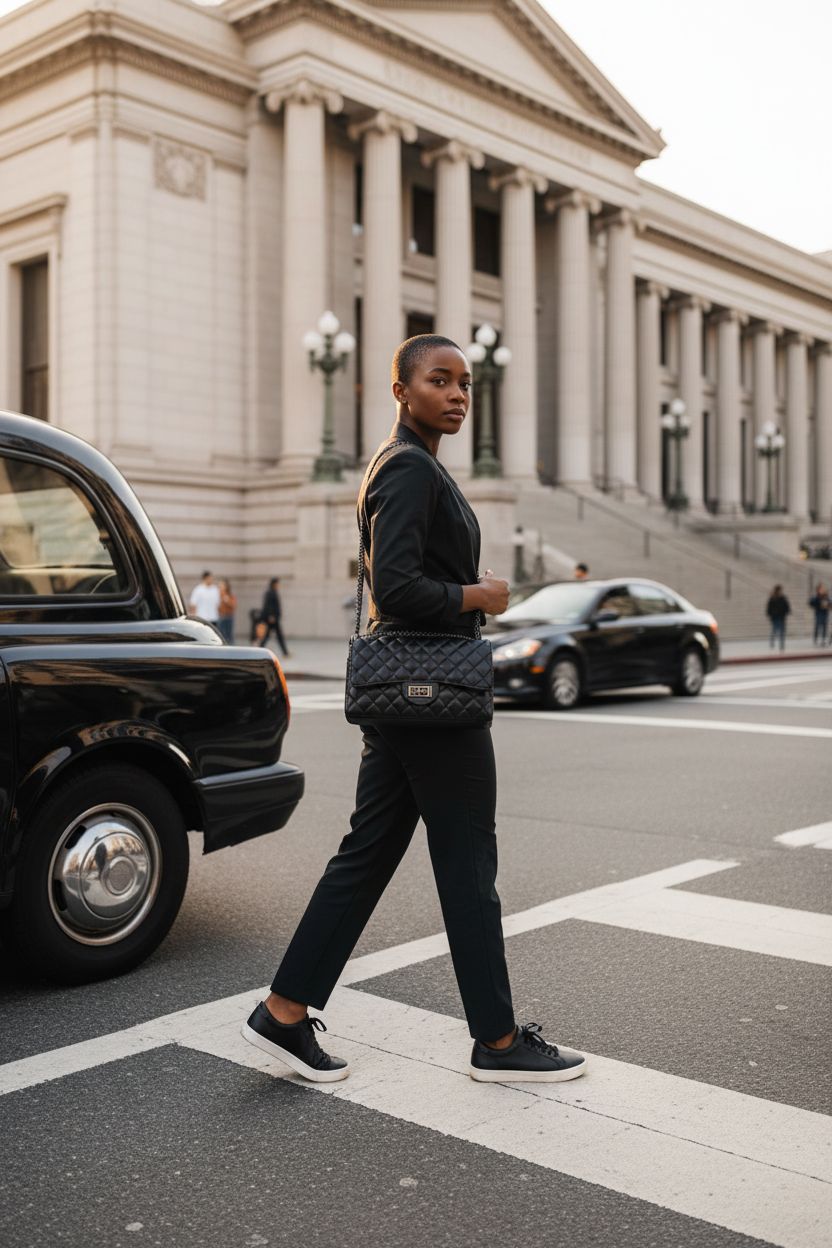 Gladdon crossbody bag in stylish city scene, showcasing its quilted design and chain