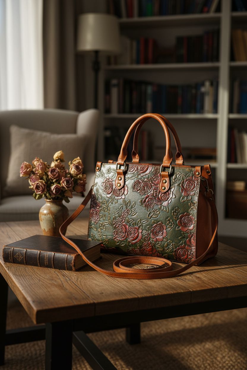 Cozy reading nook with LETEULO tooled leather purse beside a book and dried roses.