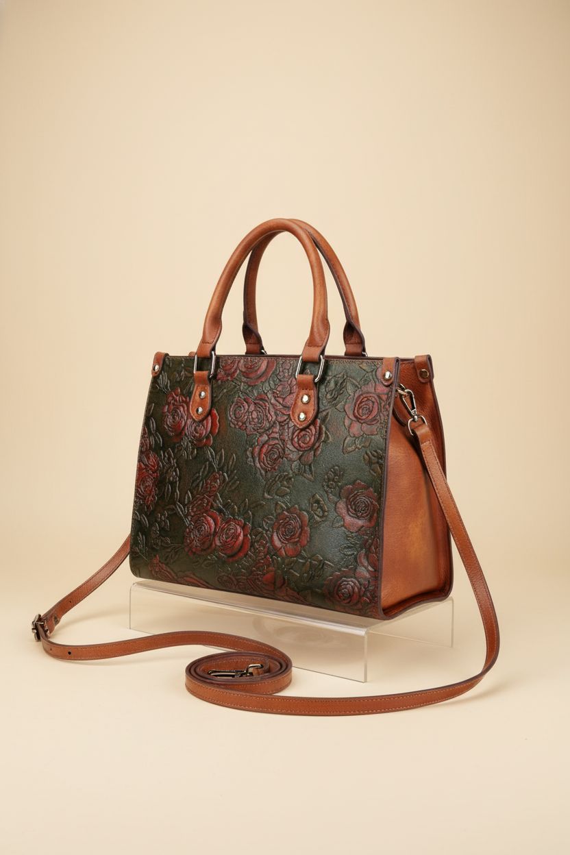 LETEULO vintage handbag on display, highlighting rose embossing and quality craftsmanship.