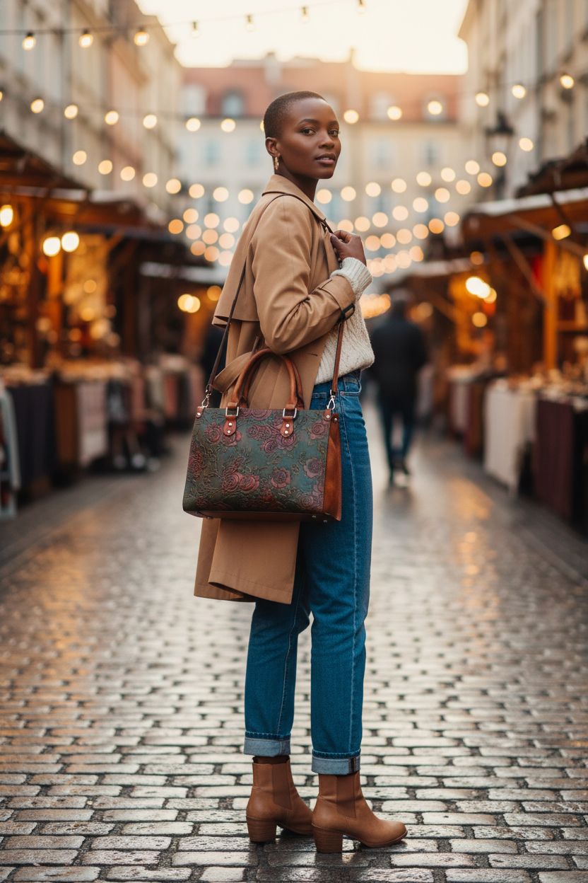 LETEULO crossbody bag featuring embossed roses, perfect for autumn market strolls.