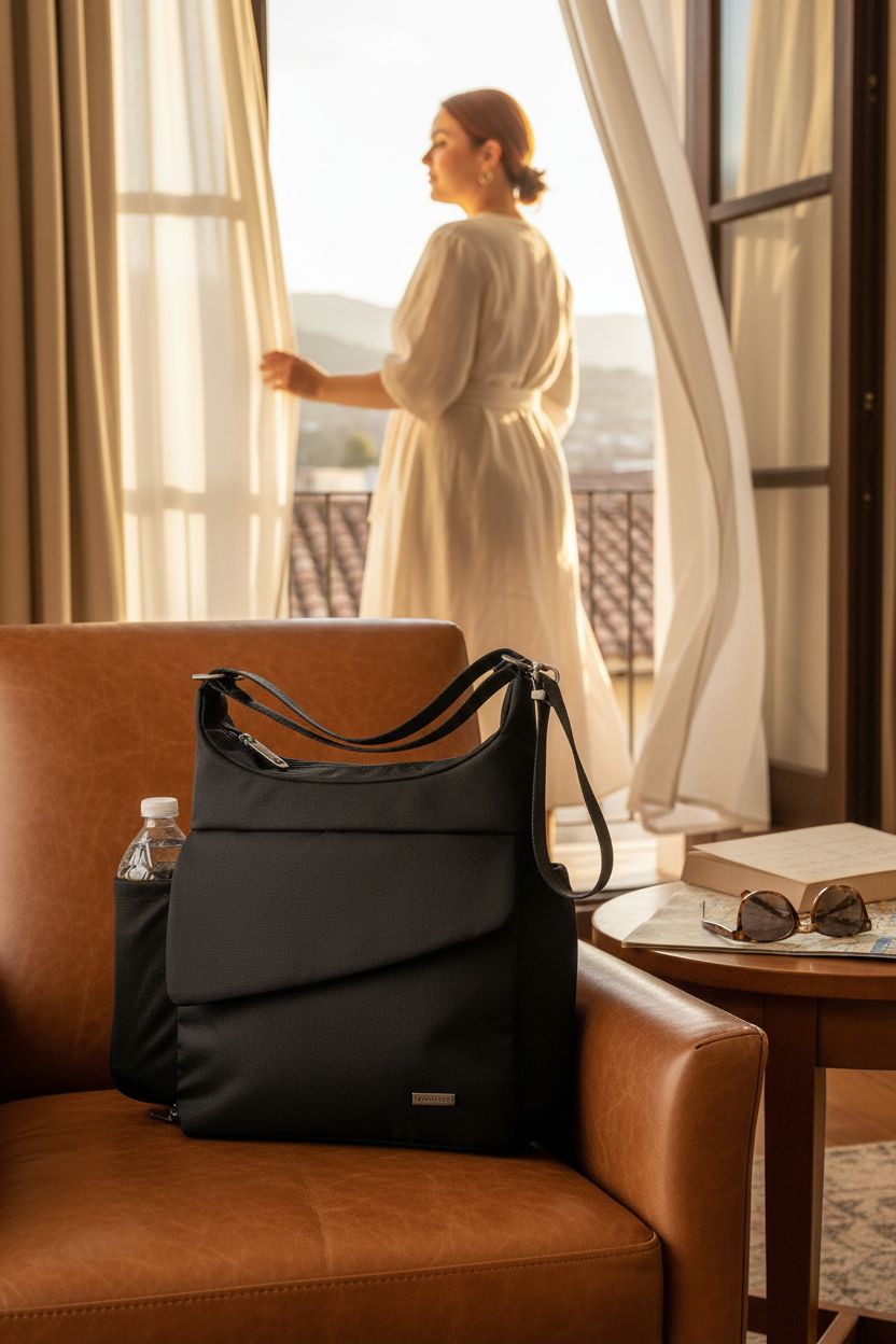 Travelon Anti-Theft Classic Messenger Bag elegantly placed in a boutique hotel setting.