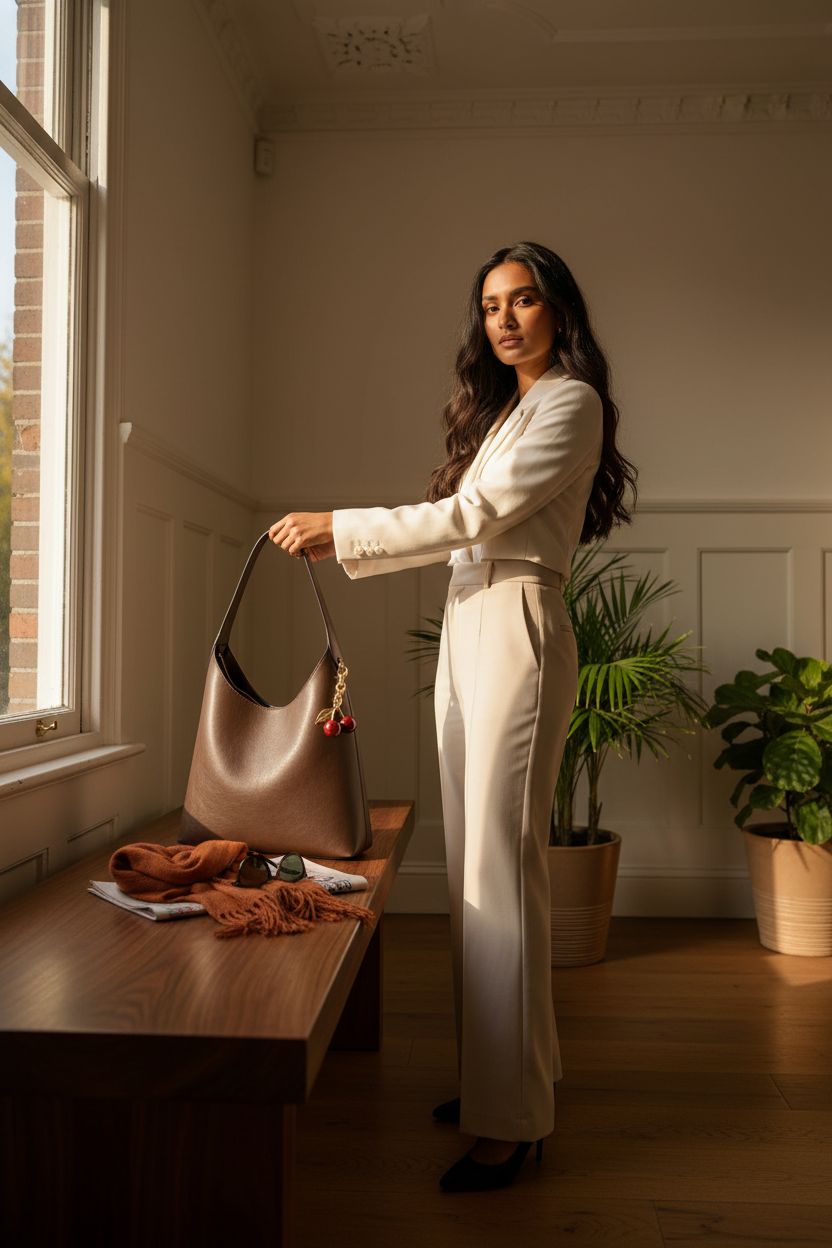 Sunlit entryway featuring HICARRY faux suede shoulder bag with cherry charm, evoking cozy autumn vibes.