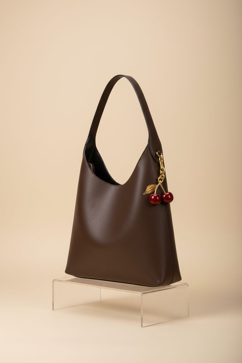 Close-up of HICARRY faux suede hobo bag highlighting texture and cherry charm, perfect addition to any fall outfit.