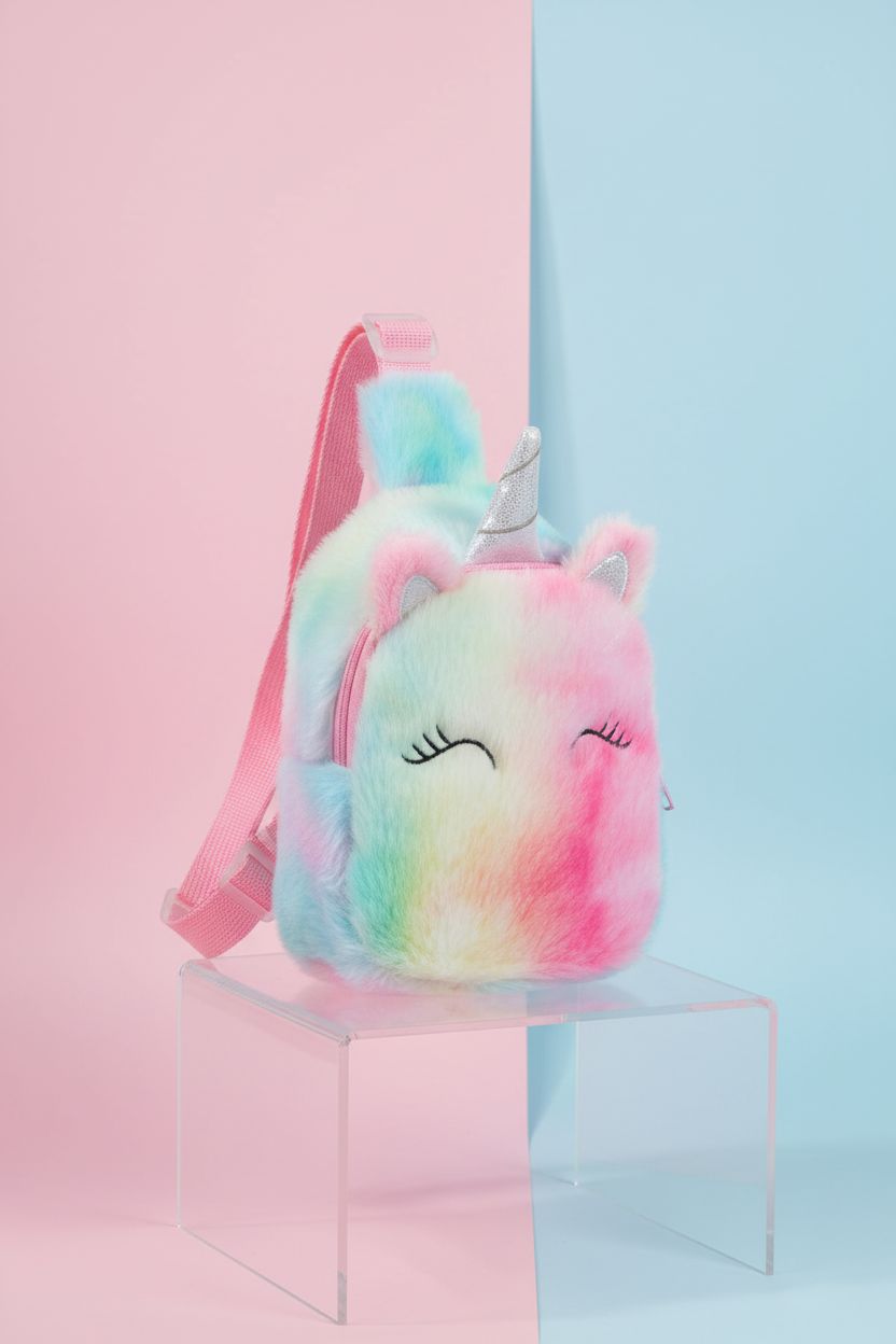 Front view of Hiflyer unicorn sling bag on a pastel backdrop, highlighting its plush fabric and design.