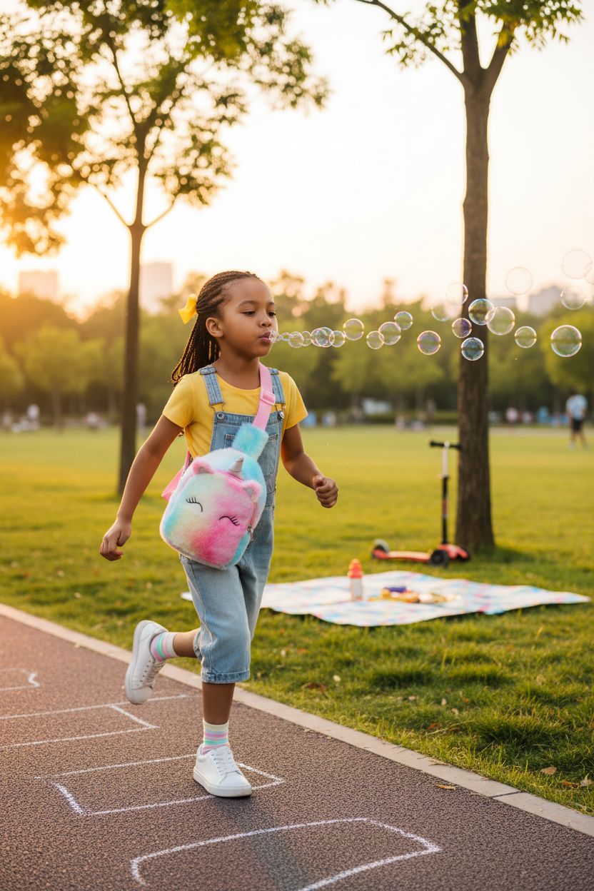 Child running with pink-blue plush unicorn sling bag by Hiflyer in a park during golden hour.