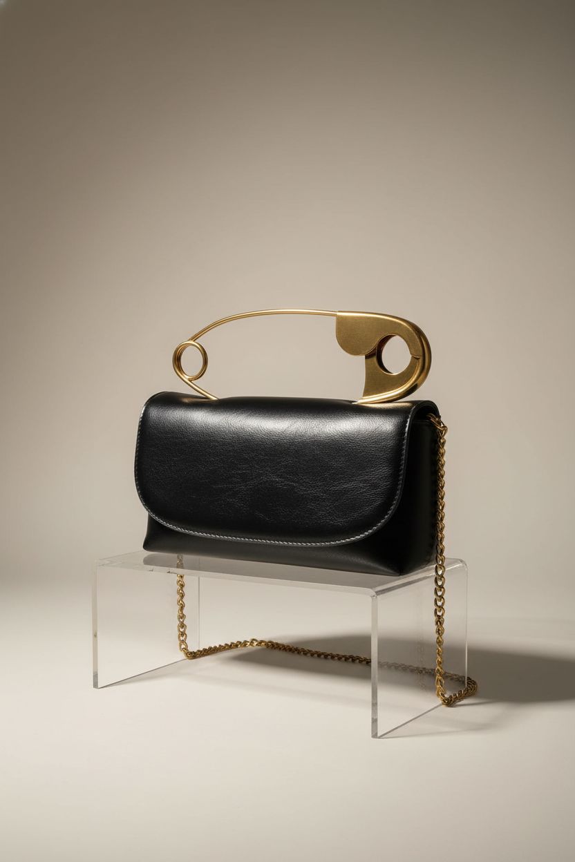 QHMCEXG small black vegan leather purse showcased with gold metallic details