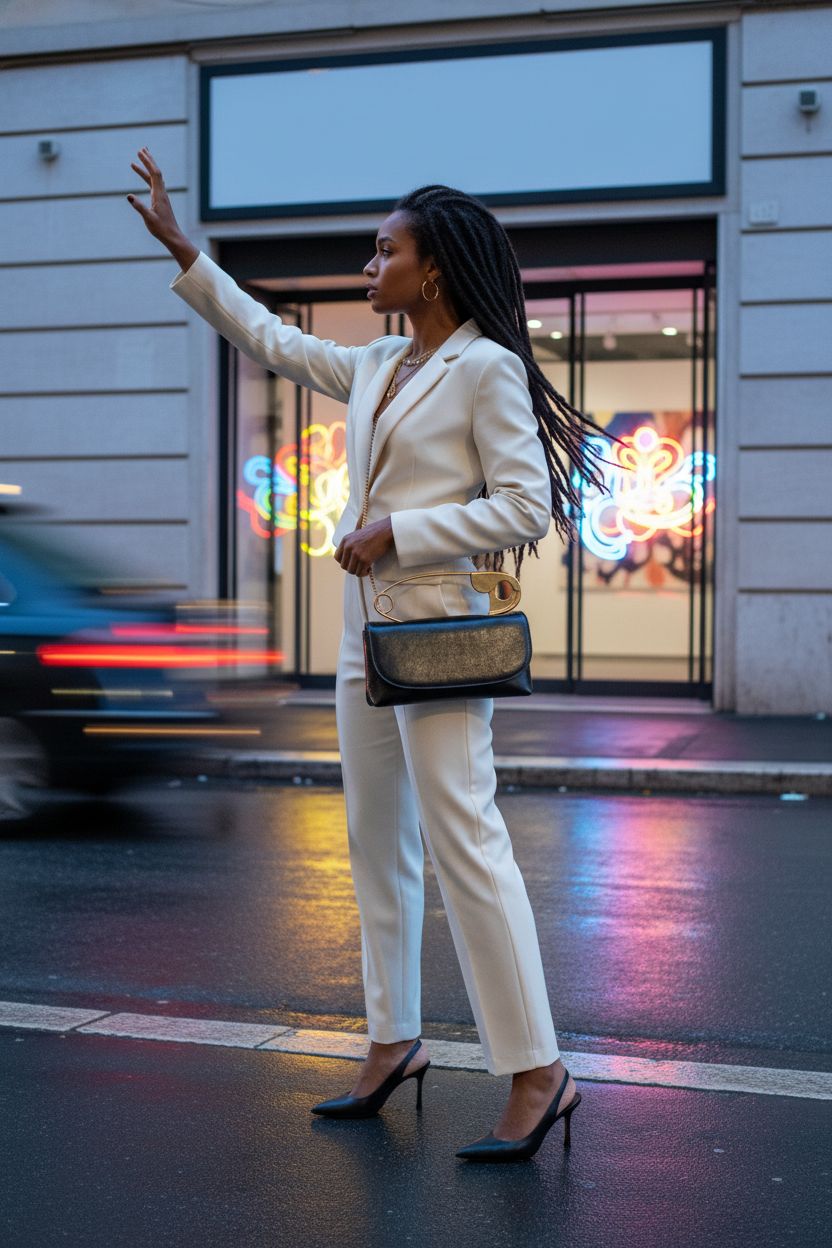 QHMCEXG small black vegan leather crossbody purse with gold handles in urban setting