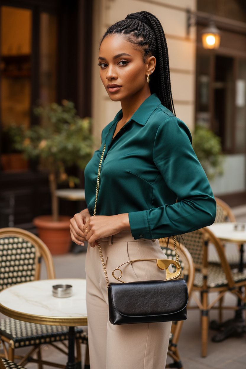 QHMCEXG black soft crossbody purse with gold chain at café table, stylish look