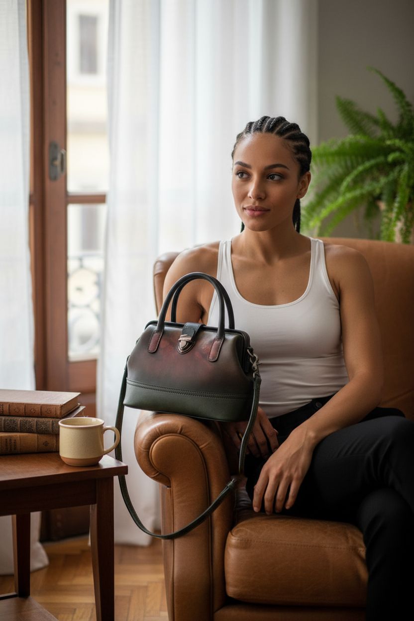 Cozy reading nook with IVTG genuine leather satchel bag on a club chair, vintage books nearby.