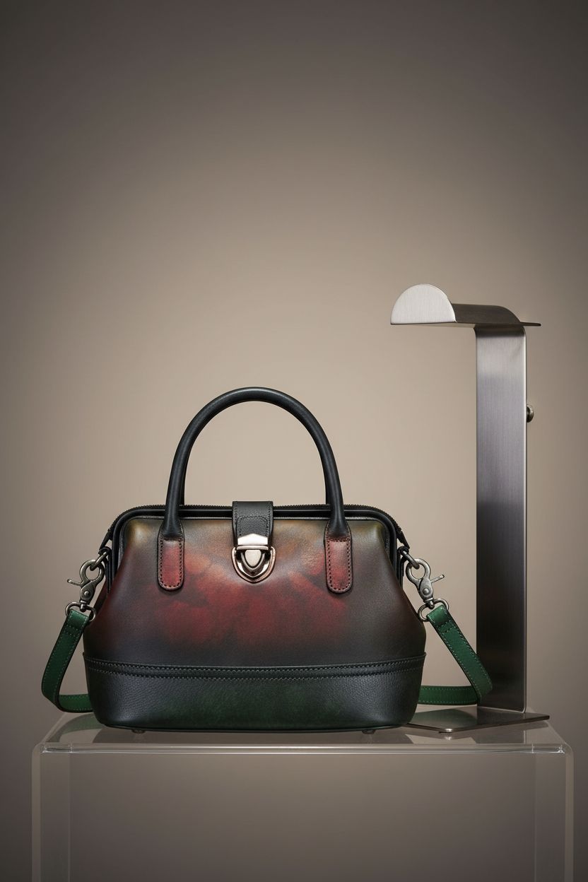 Product shot of IVTG genuine leather satchel handbag on acrylic display, showcasing its design.