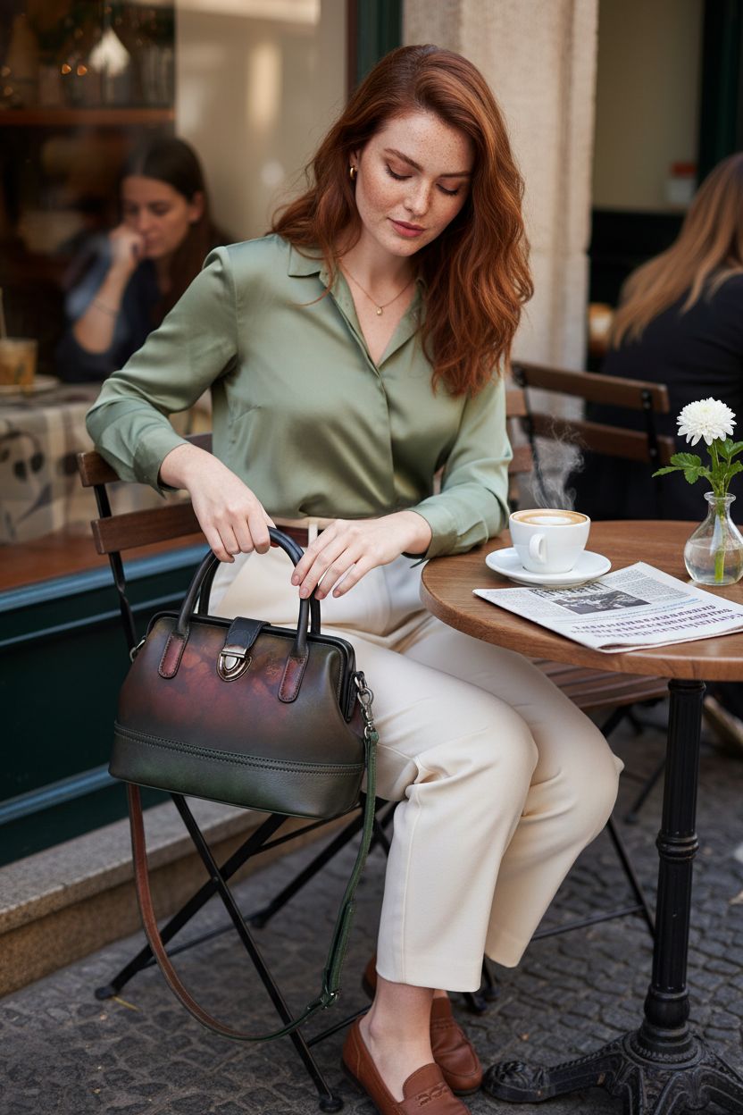 IVTG multicolor satchel purse on a café table, complementing elegant outfit and cappuccino.