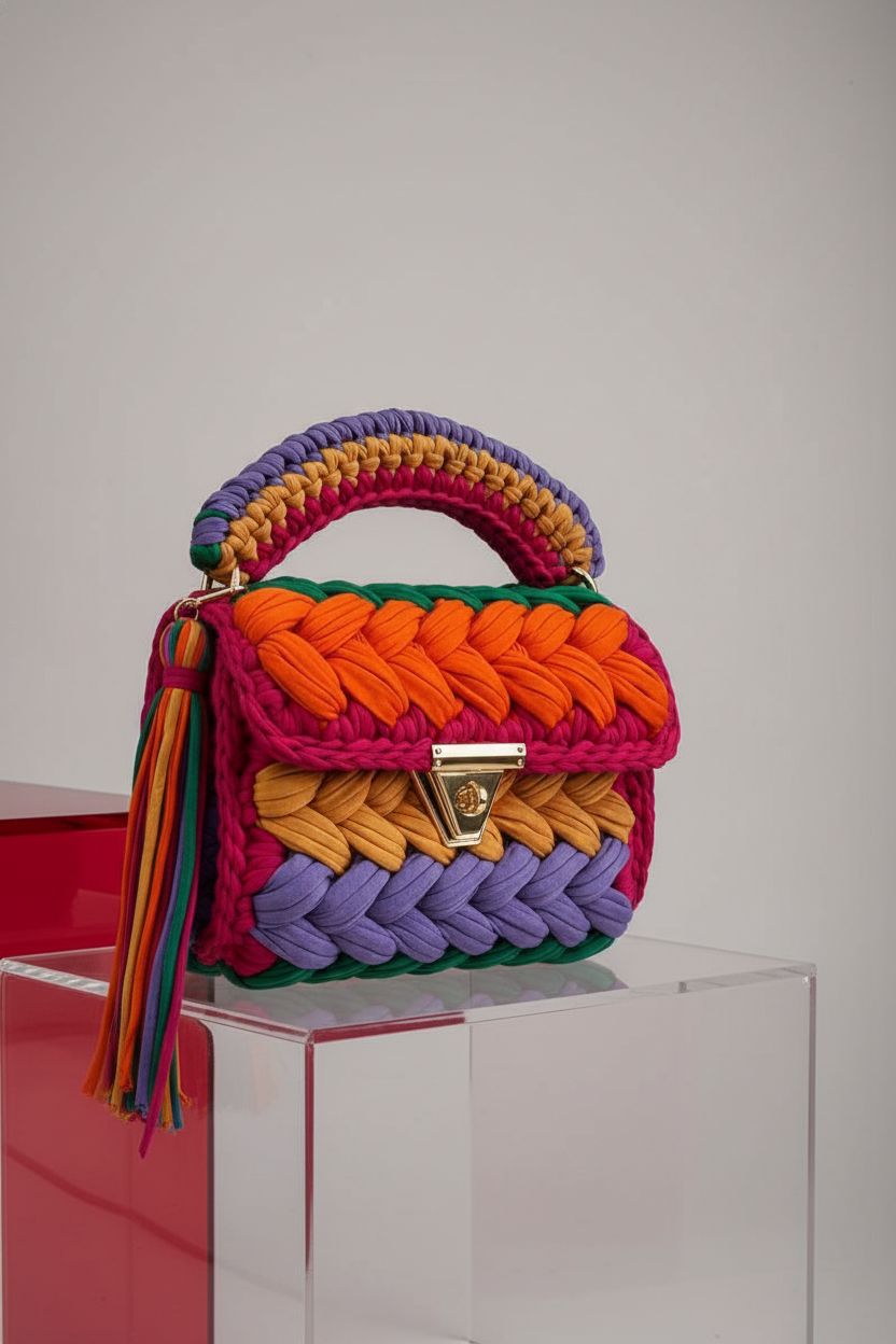 Stylish CHQEL multicolor crochet handbag showcased on an acrylic riser in an editorial setting