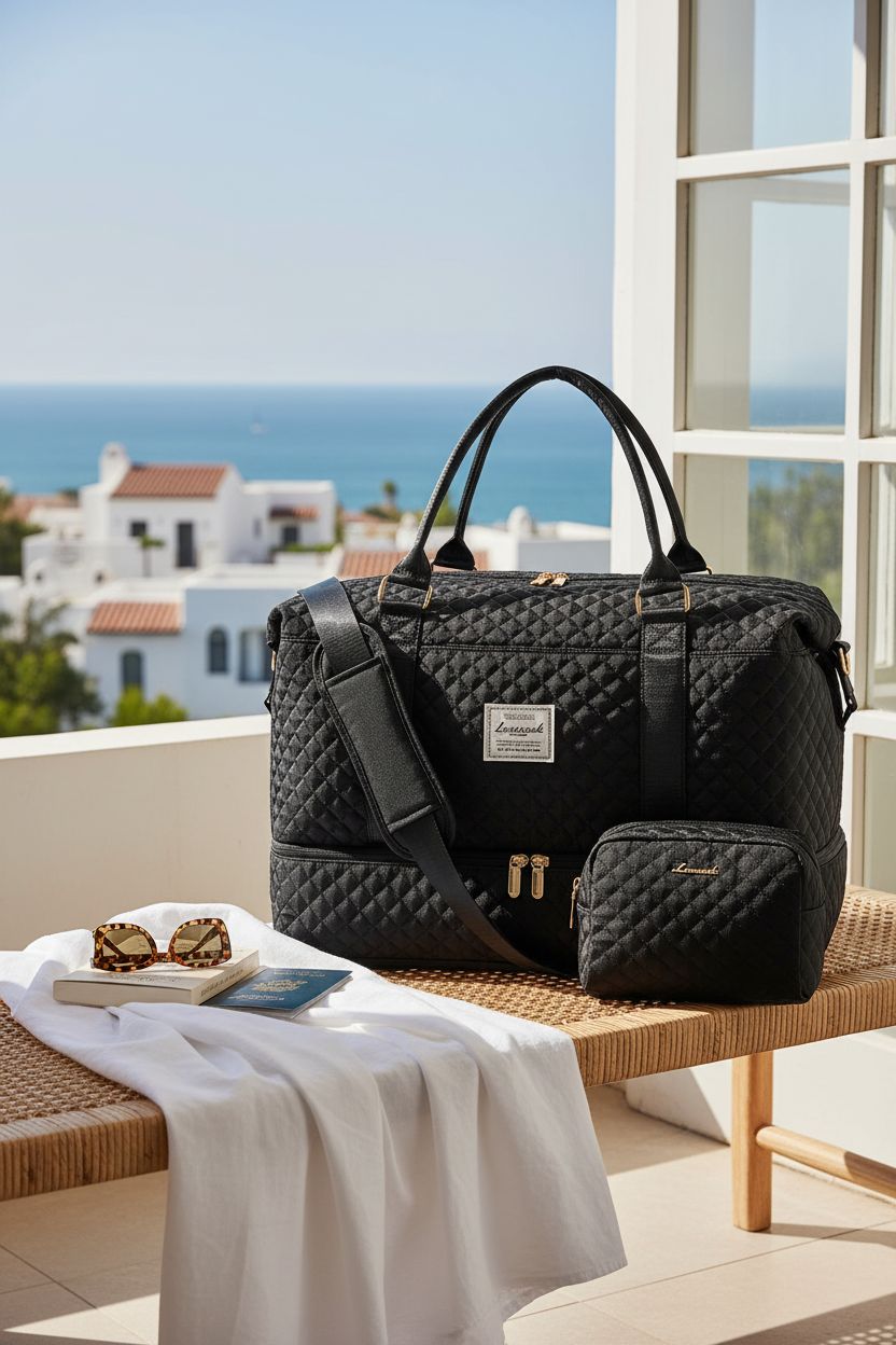 LOVEVOOK black quilted duffle bag on a coastal balcony with toiletry bag and travel items