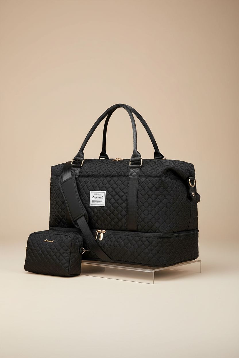 LOVEVOOK black quilted duffle bag showcasing premium materials and craftsmanship in studio setting