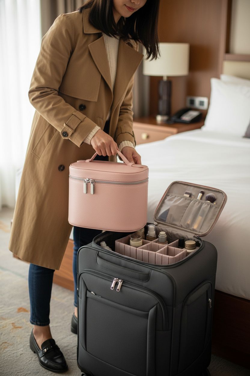 idoltimes blush leather vanity bag on a hotel bed beside a packed carry-on