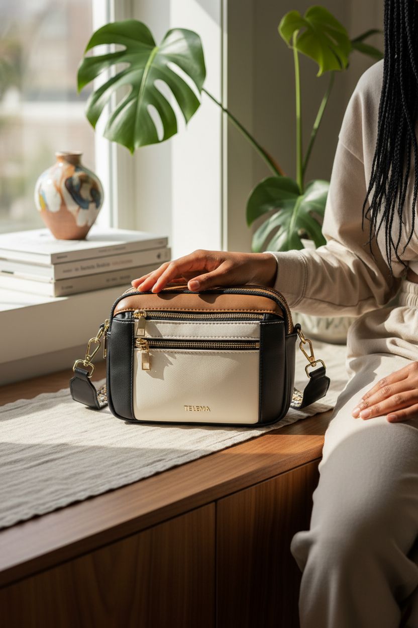 Telena vegan crossbody bag on a walnut console in a serene home setting, highlighting its texture.