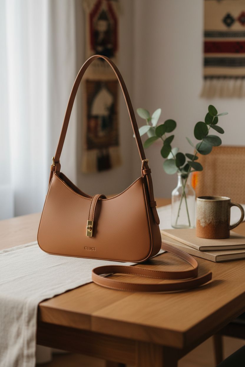 CLUCI brown vegan bag on oak table with notebooks and eucalyptus in soft light.